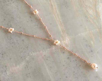 Rose Gold Lariat Y Necklace: Freshwater Pearl, Seed Bead Flower