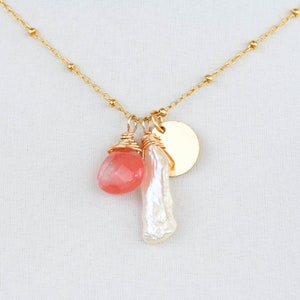 Pearl Necklace with Rose Quartz and Gold Coin Pendants | Rose Quartz Necklace | Satellite Gold Chain | Bridesmaid Jewelry