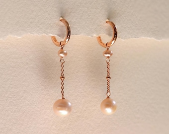 Rose Gold Vermeil Pearl Drop Earrings | Huggie Hoops, Bridal Jewelry