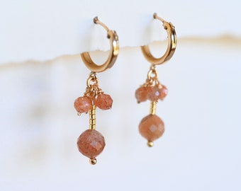 Sunstone Gold Huggie Hoops | Gold Filled Huggie Hoops | Sunstone Cluster Earrings | Sunstone Jewelry | Summer Jewelry | Orange Earrings