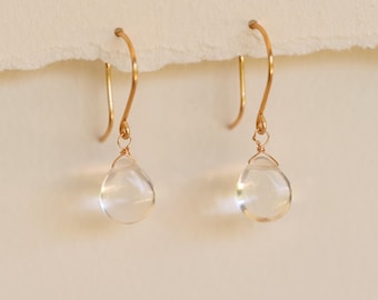 14k Gold Raindrop Earrings: Clear Quartz Teardrop, Handformed Wire