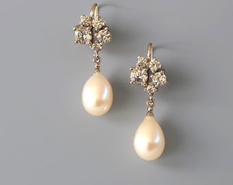 Freshwater Pearl Teardrop Earrings: Rhodium Plated Sterling Silver CZ Bridal Jewelry