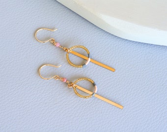 Gold Filled Beaded Hoops | Thin Gold Hoop Earrings | Gold Bar Earrings | Pink Opal Earrings | Boho Dangle Earrings | Hoop and Bar Earrings