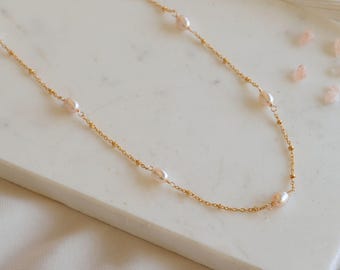 Dainty Blush Pink Pearl Choker: 14k Gold-Filled Satellite Chain