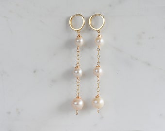 14k Solid Gold Pearl Huggie Hoop Earring | Dangle Pearl Earrings | Shoulder Duster | Bridal Earrings | Bridesmaid Earrings | Graduation Gift