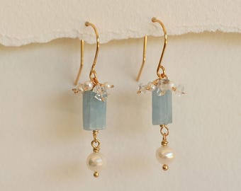 Aquamarine, Pearl & Herkimer Diamond Gold-Filled Earrings