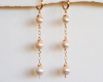 14k Gold Pearl Dangle Huggie Earrings: Bridal Shoulder Duster