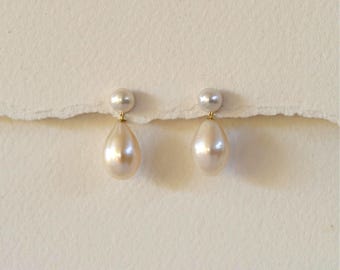 14k Gold Freshwater Pearl Drop Earrings: Bridal Teardrop Studs
