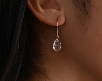 14K Gold Filled Earrings with Clear Faceted Austrian Teardrop