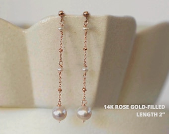 Rose Gold-Filled Pearl Drop Earrings: Freshwater Satellite Chain