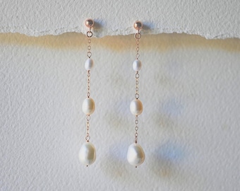 Dainty Rose Gold Freshwater Pearl Drop Earrings: Minimalist Bridal Jewelry