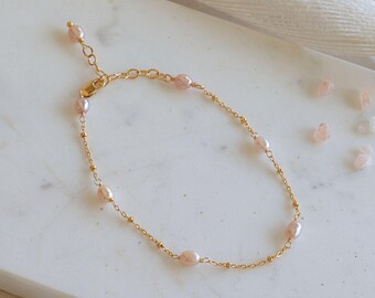 Sterling Silver Blush Pink Pearl Bracelet: Dainty Satellite Chain