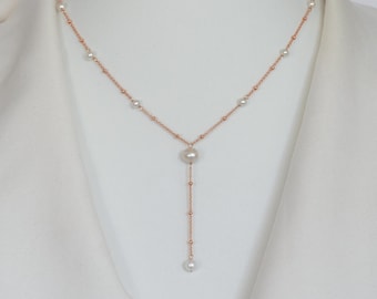 14k Rose Gold Filled Pearl Y Lariat Necklace: Freshwater Pearl Drop