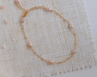 14k Gold Blush Pink Pearl Bracelet: Dainty Freshwater Pearl Jewelry