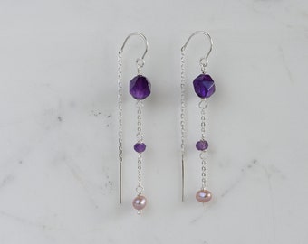 Amethyst and Pearl Threader Earrings | Sterling Silver Threader Earrings | Pearl Earrings | Amethyst Earrings |