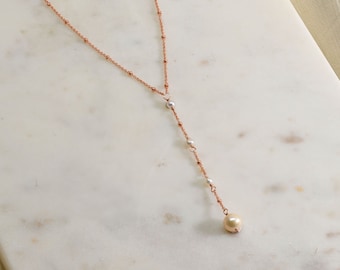 Rose Gold Lariat Y Necklace: Freshwater Pearl Drop, Gold-Filled Chain