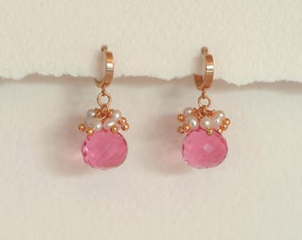 14k Solid Gold Huggie Hoop Earrings with Pink Quartz & Freshwater Pearl Clusters