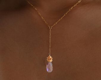 Gold Filled Y Lariat Necklace: Amethyst Pear Briolette