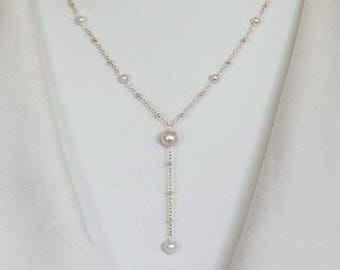 Sterling Silver Pearl Lariat Y Necklace: Freshwater Pearl Drop