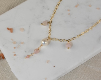 Single Pearl Gold-Filled Necklace with Pink Opals | Gold Necklace with Single Pearl | Statement Pearl Necklace