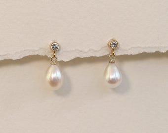 14k Gold Filled Teardrop Pearl Earrings: CZ Bridal Jewelry