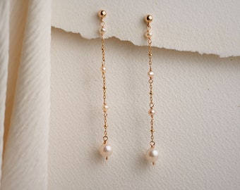 Gold-Filled Freshwater Pearl Drop Earrings: Dainty Satellite Chain