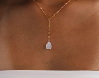 Gold Filled Y Lariat Necklace: Rainbow Moonstone Pear Briolette