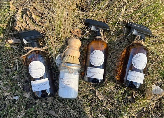 Eco Friendly All Natural Cleaning Set, Includes Wood Cleaner, All Purpose, Bathroom Sprays, Cleaning Power with Bamboo Brush & Eco Cloths