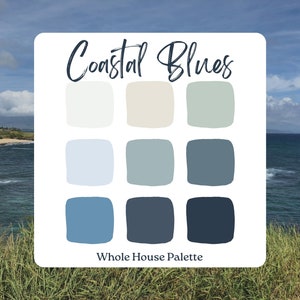 Coastal Blues Paint Palette, Benjamin Moore, Interior Paint Colors, Front Door Paint Colors, Santorini Blue, Beach House, Best Paint Scheme