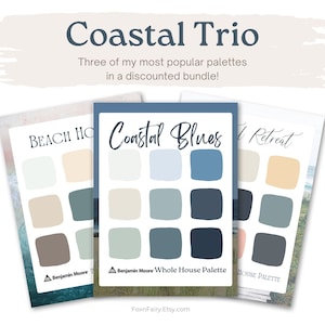 May include: Three color palettes for home decor, titled "Beach House", "Coastal Blues", and "Retreat". Each palette features 9 Benjamin Moore paint colors in a grid.