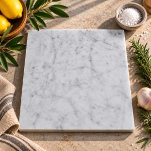 May include: A rectangular white marble cutting board with grey veining. The surface is smooth and polished, featuring natural stone patterns throughout. The board has straight edges and a flat top, providing a solid surface for food preparation.