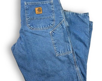 Vtg 90s Carhartt Plaid Lined Medium Wash Workwear Carpenter Denim Pants Sz 37W