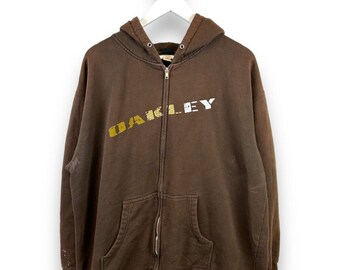 Vintage Oakley Spell Out Full Zip Hooded Sweatshirt Size Large Brown