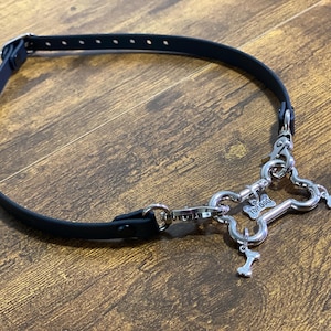 Puede incluir: Un collar de perro de cuero negro con herrajes plateados. El collar presenta un dije decorativo con el texto "TOP DOG" y detalles en forma de hueso. El collar está diseñado para una mascota.