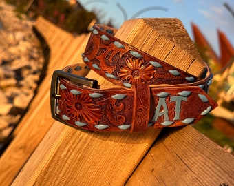Personalized Hand Tooled Leather Western Belt: Custom Floral Cowboy Belt
