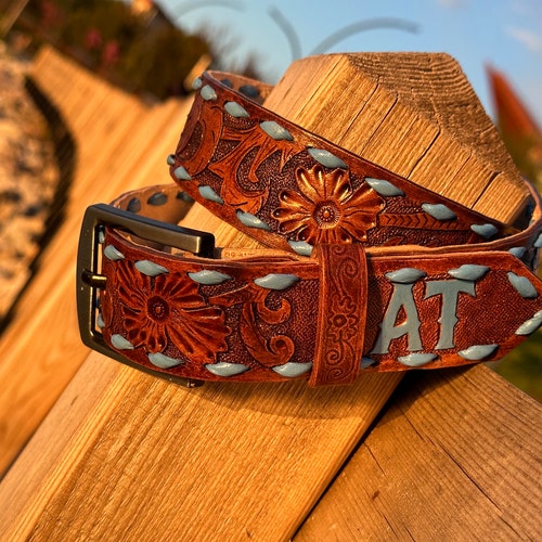 Personalized Hand Tooled Full Grain Leather Western Belt Etsy