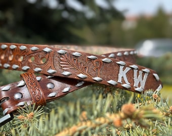 Personalized Hand Tooled Leather Western Belt: Full Grain Floral Design