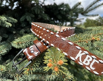 Personalized Hand Tooled Full Grain Leather Western Belt: Floral Design