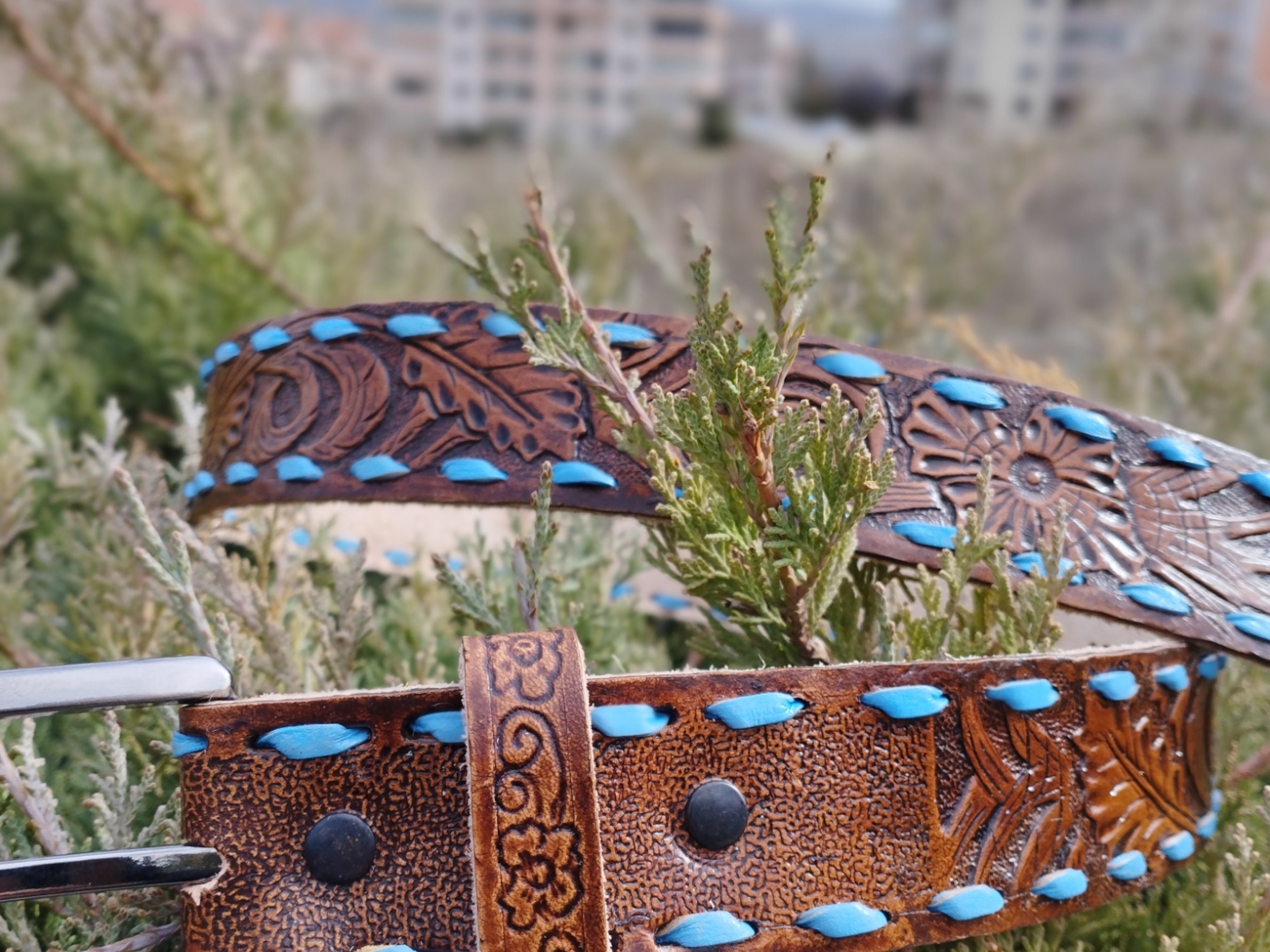 Personalized Hand Tooled Leather Western Belt: Custom Floral  display picture 3