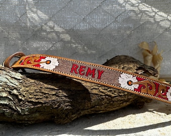 Personalized Leather Western Dog Collar: Hand Tooled Floral Design