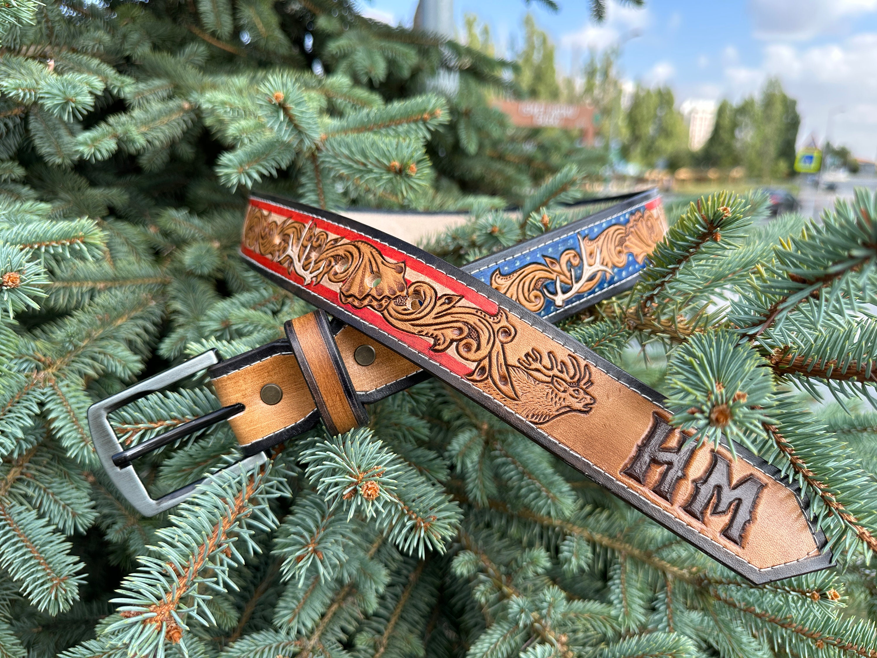 Personalized Hand Tooled Leather USA Belt, Unique Leather Western Belt
