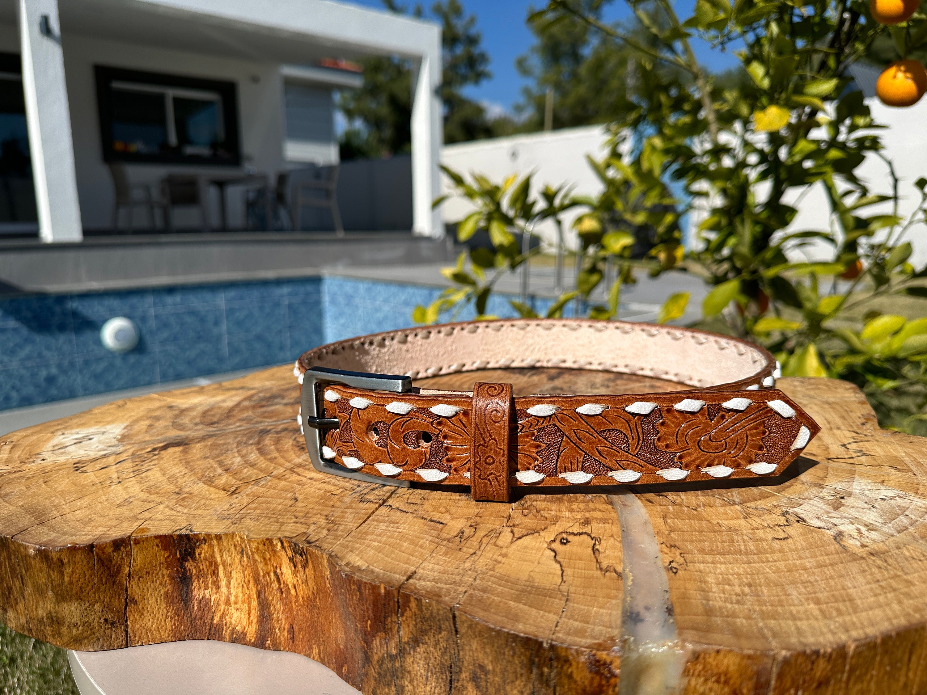 Womens Tooled Leather Western Belt 28 Buckle Cowgirl Rodeo BRENDA Personalized Personalized Hand Tooled Leather Western Belt: Custom Full  main image 3