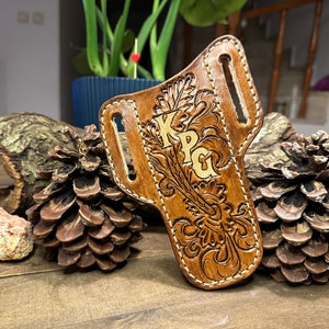 Personalized Hand Tooled Leather Knife Sheath, Custom Leather Pancake Knife Holder, Western Handcrafted Sheath, Birthday Gift