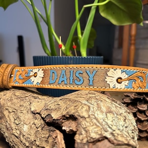 Collare per cani western in pelle pieno fiore personalizzato lavorato a mano, collare in pelle floreale personalizzato con nome dell&#39;animale, collare per cani con design floreale western