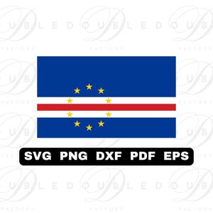 May include: A digital graphic of the Cape Verde flag. The flag features a blue background with a horizontal red and white stripe. A circle of ten yellow stars is in the center. Below the flag is a black rectangle with the text "SVG PNG DXF PDF EPS".