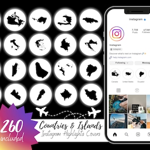 Carte noire des pays et des îles ~ Couvertures de faits saillants Instagram, histoire Instagram, icônes de voyage, carte du pays