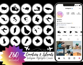 Black Countries and Islands Map ~ Instagram Highlight Covers, Instagram Story, Travel Icons, Country Map