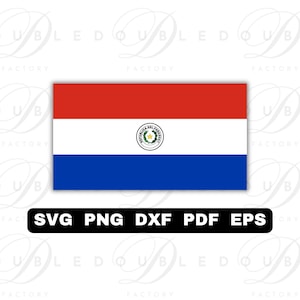 May include: The flag of Paraguay, a horizontal tricolor of red, white, and blue, with the coat of arms in the center of the white stripe. Below the flag is a black rectangle with the text "SVG PNG DXF PDF EPS".