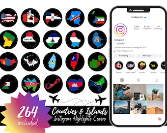 May include: A set of 264 Instagram highlight covers featuring flags of different countries and islands. The covers are black circles with a white outline and a flag design inside. The image also includes a screenshot of an Instagram profile with the text "Countries & Islands Instagram Highlights Covers" and "264 included".