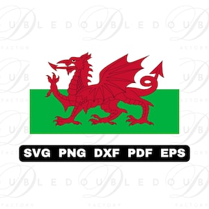 Puede incluir: Una descarga digital de un dragón rojo sobre un fondo verde y blanco. El dragón es el símbolo nacional de Gales. Los formatos de archivo incluidos son SVG, PNG, DXF, PDF y EPS.